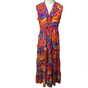 True Destinations Tropical Colorful Print Button Down Maxi Dress Size XS